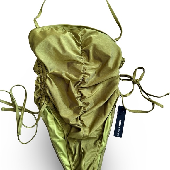 Olive Green Halter Ruched One-Piece Swimsuit - Picture 4 of 9